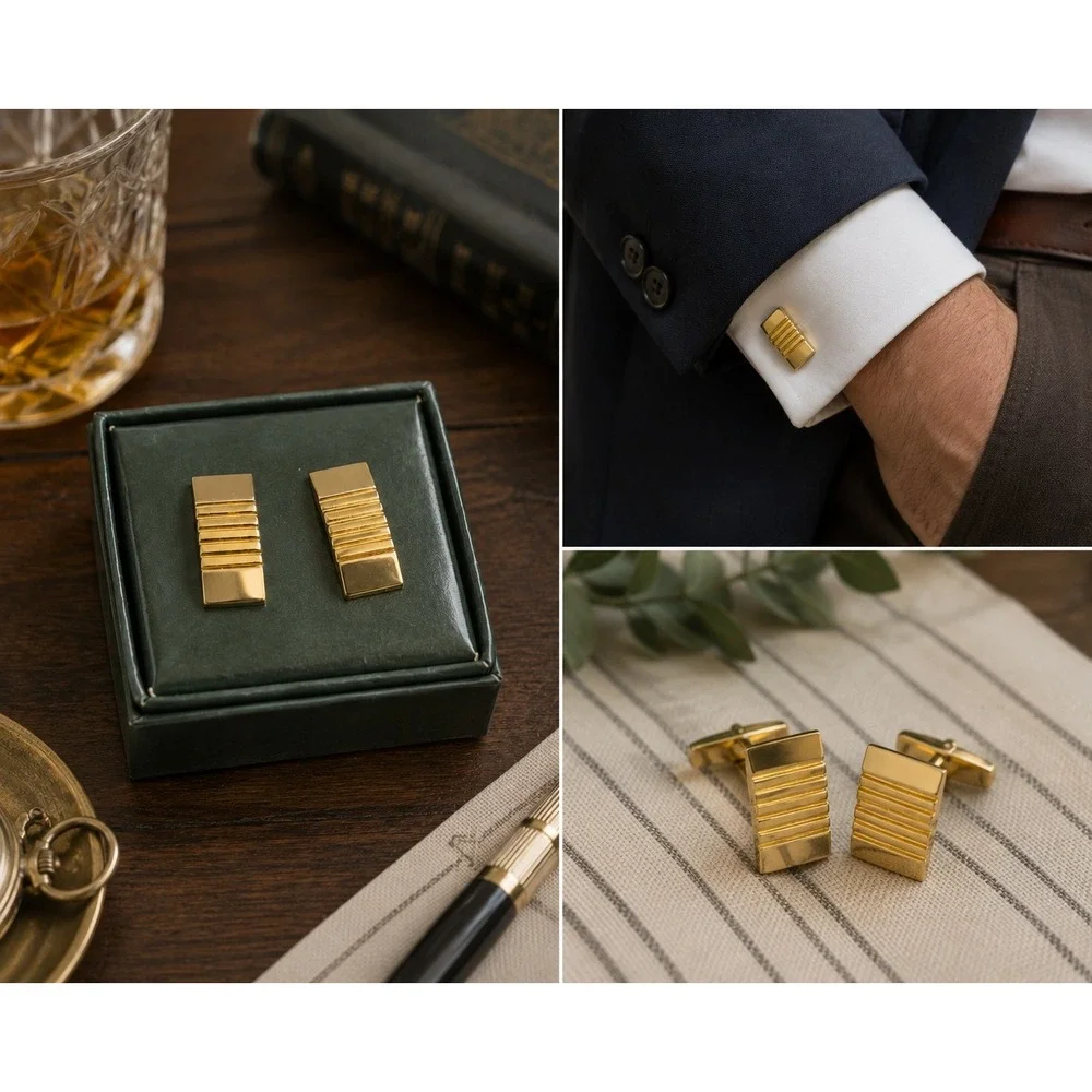 Vtg Estee Lauder For Men Cufflinks Gold Tone Ribbed Rectangle Mens Jewelry